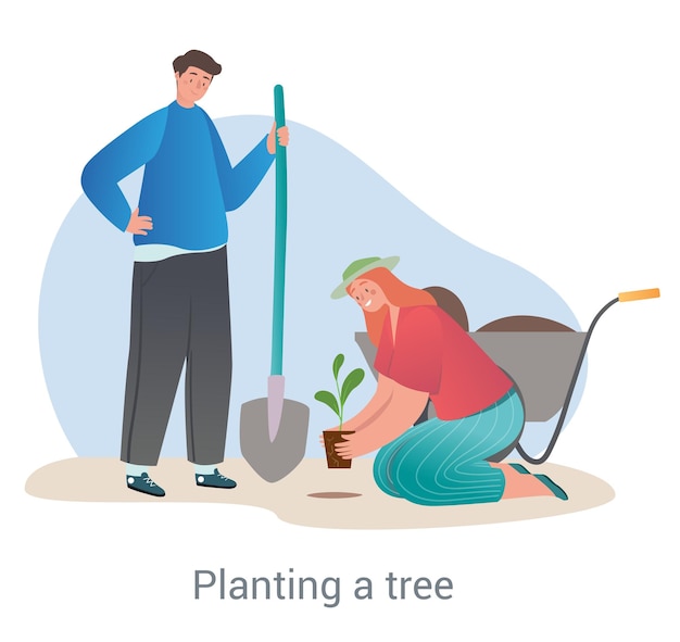 Vector concept de plantación de árboles una pareja joven dedicada a la jardinería un hombre con una pala ayuda a una mujer a plantar una flor