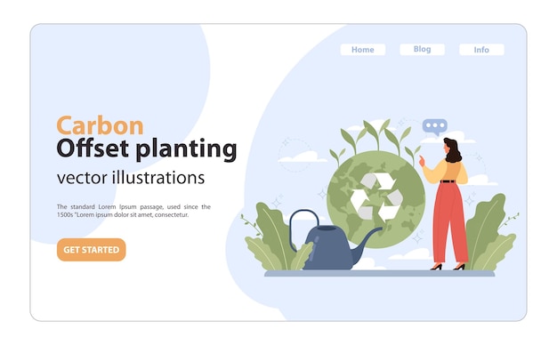 Concept de plantación de compensación de carbono mujer nutre la tierra con símbolo de reciclaje rodeado de plantas