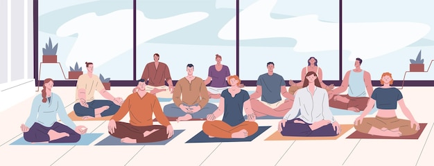 Concept de relajación en grupo de yoga Clase deportiva meditación y bienestar retrato Escuela deportiva o gimnasio personas meditando y calmando la mente escena vectorial kicky