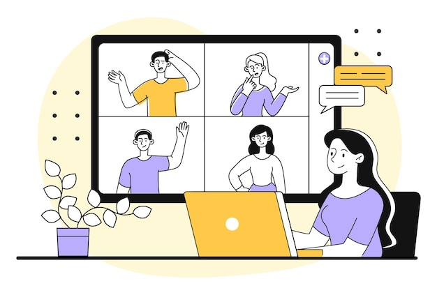 Concept de reunión en línea empleada en videoconferencia mujer se comunica a distancia con colegas y