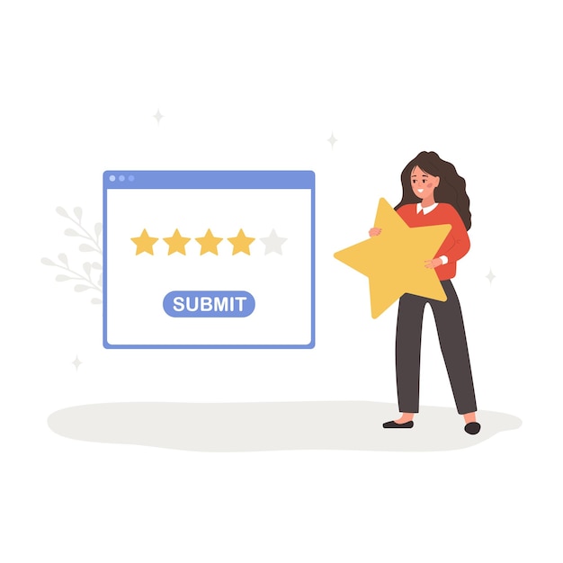 Concept de revisión del cliente Mujer con estrella y dando cinco estrellas de calificación Ventana de diálogo en la aplicación con retroalimentación Respuesta positiva Ilustración vectorial en estilo de dibujos animados plano