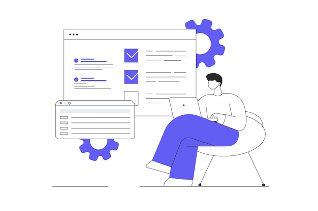 Concept SaaS El hombre compra software como servicio y utiliza la tecnología en la nube para administrar la optimización de archivos
