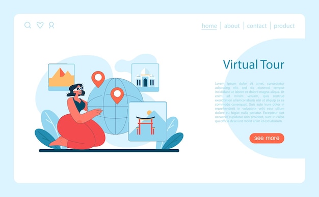 Vector concept tour virtual mujer navega por puntos de referencia globales desde pirámides hasta palacios con realidad virtual