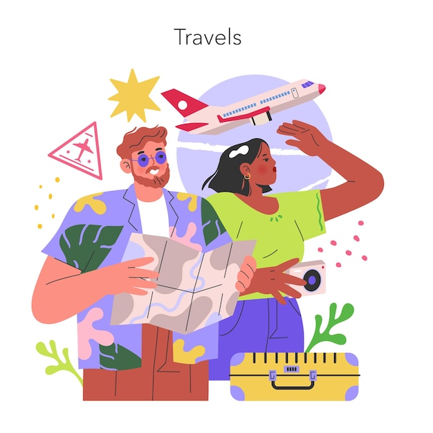 Concept de viaje pareja diversa sosteniendo un mapa y una cámara con un avión por encima explorando nuevos