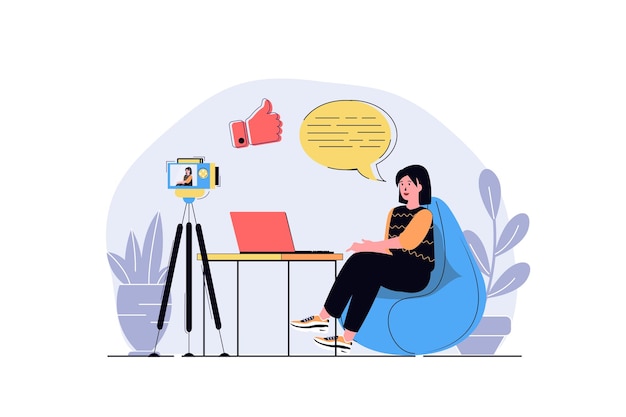 Concept web de blogueo con diseño de personas de dibujos animados Mujer grabando un nuevo video en la cámara haciendo transmisión en vivo y respondiendo a los comentarios de los seguidores Ilustración vectorial plana aislada sobre fondo blanco