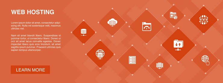 Vector concepto de 10 iconos de banner de alojamiento web.nombre de dominio, ancho de banda, base de datos, iconos simples de internet