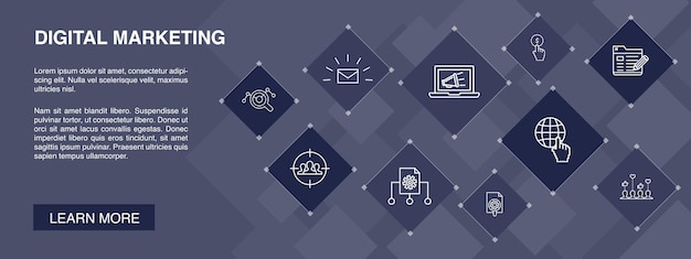 Concepto de 10 iconos de banner de marketing digital.Internet, investigación de mercados, campaña social, iconos simples de pago por clic