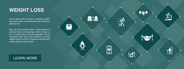 Concepto de 10 iconos de banner de pérdida de peso.Báscula corporal, comida sana, gimnasio, iconos simples de dieta
