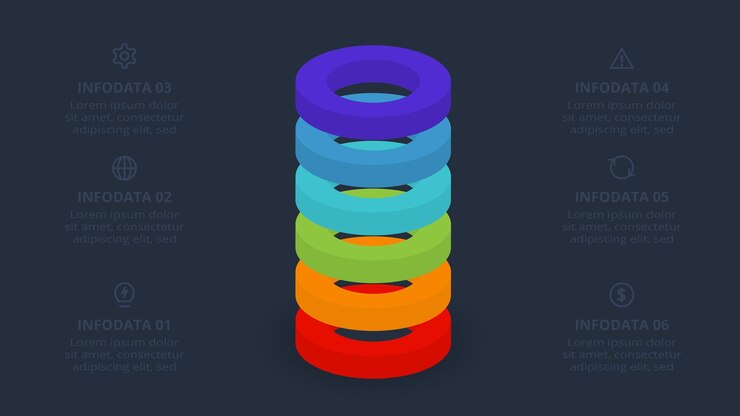 Vector concepto 3d para infografía con 6 pasos plantilla para web sobre un fondo negro