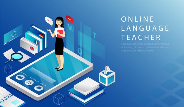 Concepto 3D isométrico de profesor de idiomas en línea, curso de educación remota. Página de destino del sitio web. Mujer está de pie sobre un gran smartphone con libro de texto en las manos Ilustración de Vector de dibujos animados de página web.