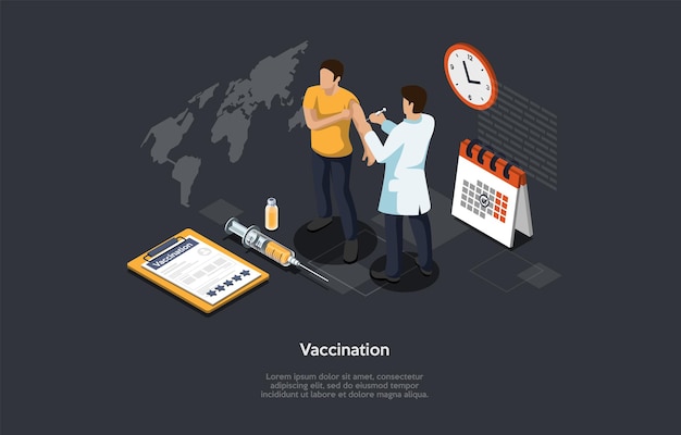 Concepto 3D isométrico de vacunación de la población de coronavirus, protección de la inmunidad, prevención de infecciones. El médico del hombre hace que la vacuna sea un paciente para prevenir la infección por virus. Ilustración vectorial de dibujos animados.