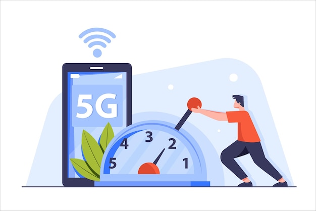 Vector concepto 5g de red inalámbrica de innovación de próxima generación de alta velocidad solución de tecnología 5g que conecta internet con tecnología de tasa de datos de conexión de innovación de alta velocidad de red global de alta velocidad