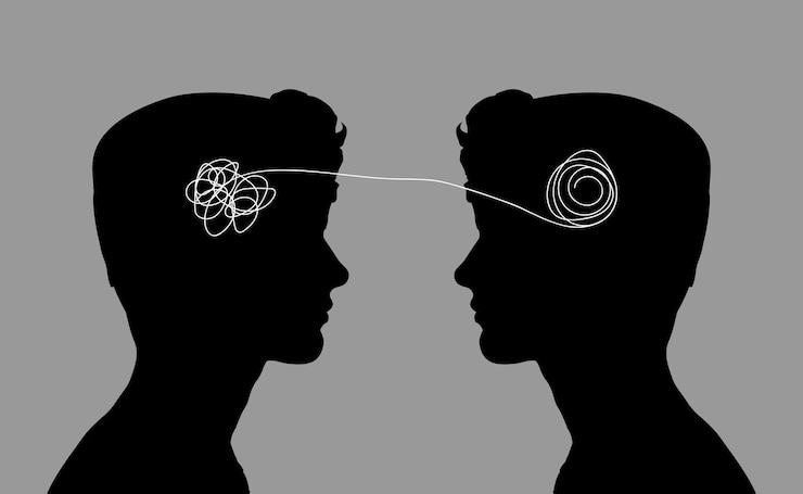 Vector concepto abstracto cerebro enredado, terapeuta, paciente. psicoterapia de silueta de cabeza de dos humanos