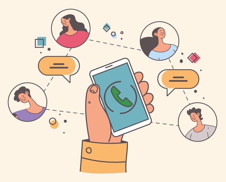 Vector concepto abstracto de gadget de comunicación móvil de chat de grupo de llamadas telefónicas