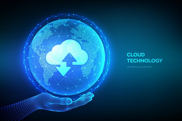 Concepto abstracto de tecnología de datos en la nube icono de almacenamiento en la nube con dos flechas hacia arriba y hacia abajo en el fondo del mapa mundial servicio de computación en la nube globo terráqueo en mano de estructura alámbrica ilustración vectorial