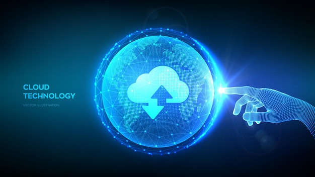 Concepto abstracto de tecnología de datos en la nube Servicio de computación en la nube Mano tocando el globo del planeta Tierra con el icono de almacenamiento en la nube con dos flechas hacia arriba y hacia abajo Conexión de red global Ilustración vectorial