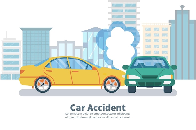 Vector concepto de accidente automovilístico en el fondo de la gran ciudad estilo de dibujos animados de incidentes de transporte diseño plano de ilustración vectorial dos vehículos chocaron en la carretera accidente auto violación de las reglas de seguridad de conducción