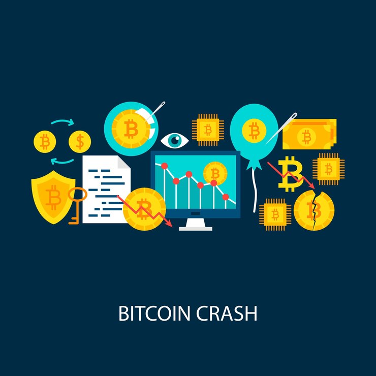 Vector concepto de accidente de bitcoin. ilustración de vector de diseño de cartel. conjunto de objetos coloridos de criptomonedas.