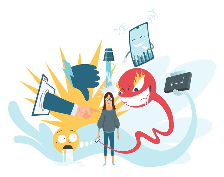 Vector concepto de acoso cibernético mensajes insultantes en la pantalla del teléfono inteligente chica con mensajes de trolling a su alrededor acoso en línea con mensajes hostiles y crueles violencia en las redes sociales