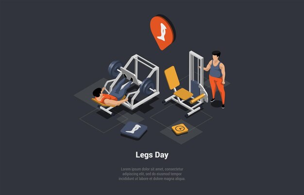 Concepto De Actividad Deportiva Culturismo Y Ejercicios Físicos Personajes Están Haciendo Ejercicios En Aparatos En Piernas Músculos Fitness Entrenamiento En Gimnasio Isométrico 3d Dibujos Animados Vector Ilustración