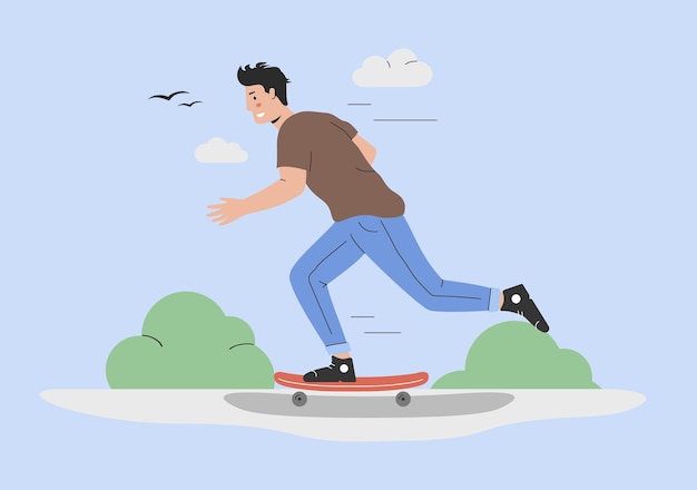 Concepto de actividad física Estilo de vida saludable y deporte Deporte Chico feliz está montando patineta en el parque Adolescente está montando Longboard rápido en la ilustración de vector plano de dibujos animados de la calle de la ciudad