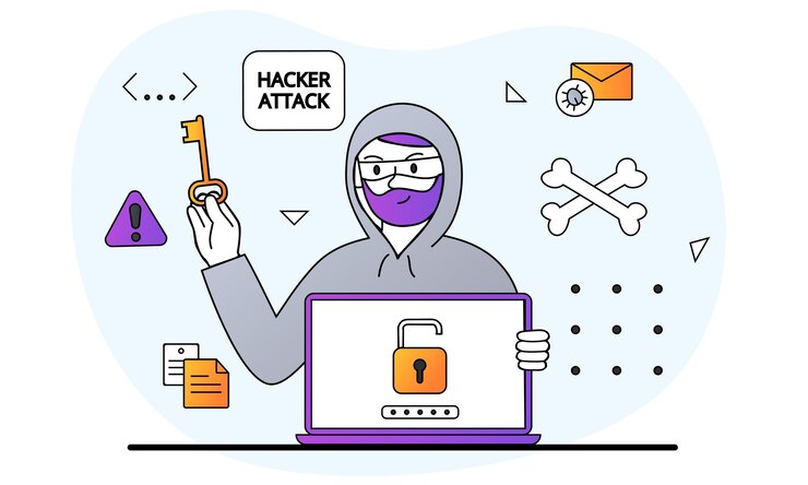 Vector el concepto de actividad de hacker es un hombre que piratea computadoras y roba información, cibercrimen y datos personales.
