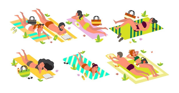 Concepto de actividades de vacaciones de verano. personas recostadas sobre una toalla de playa para relajarse y broncearse. mujer y hombre en vacaciones de verano y vacaciones.