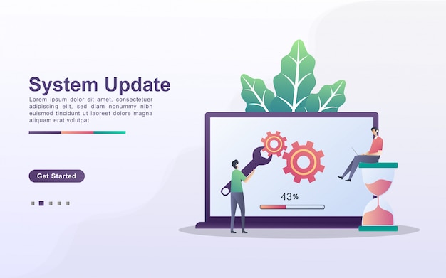 Concepto de actualización del sistema. El proceso de actualización a System Update, reemplazando las versiones más nuevas e instalando programas. Se puede usar para la página de destino web, banner, aplicación móvil.