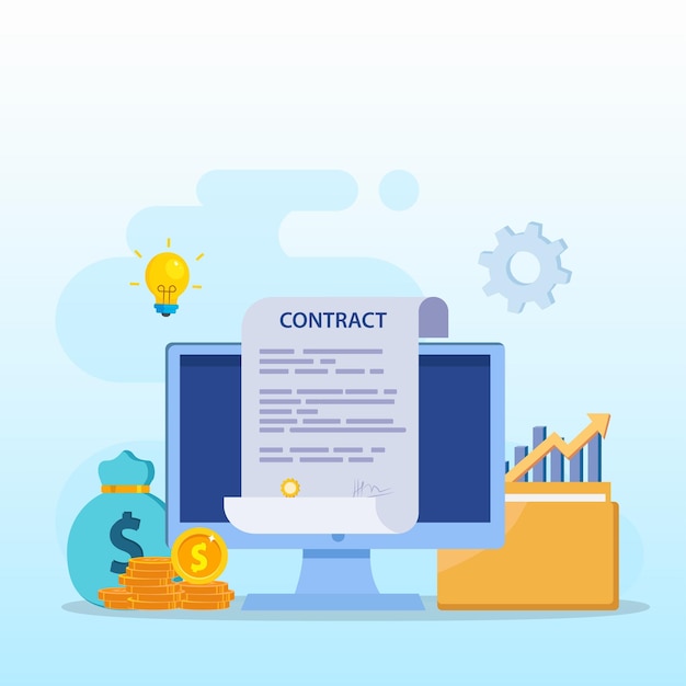 Concepto de acuerdo Gente de negocios de pie en una ilustración de vector plano de contrato firmado