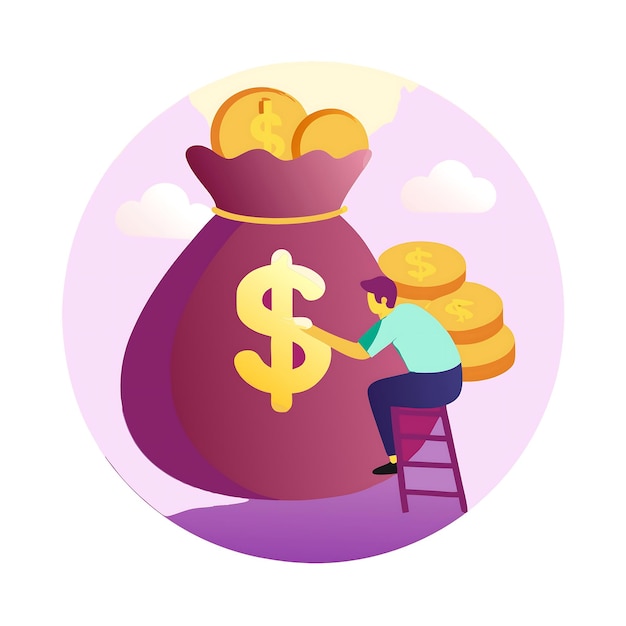 Concepto de acumulación de riqueza con una gran bolsa de dinero y monedas