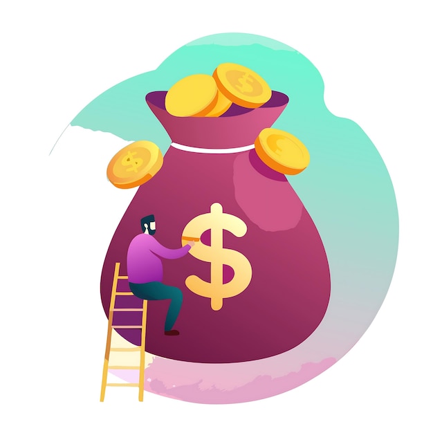 Concepto de acumulación de riqueza con una gran bolsa de dinero y monedas