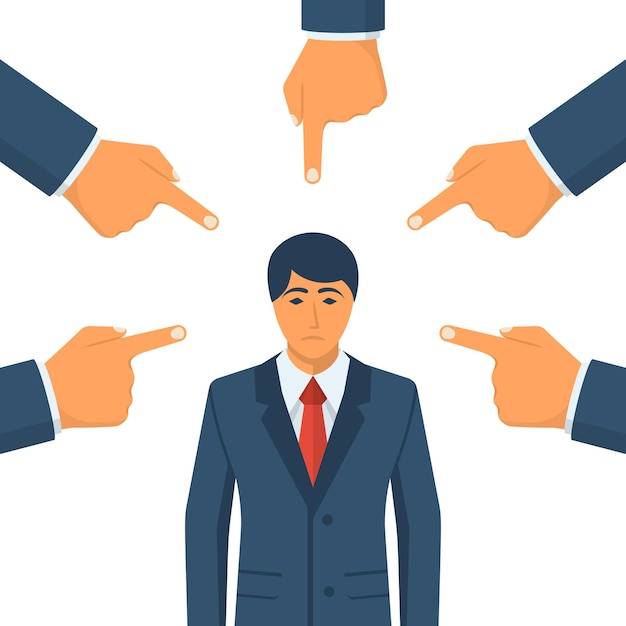 Concepto de acusación Empresario triste La gente señala con el dedo a la persona triste Víctima pública Diseño plano de ilustración vectorial Aislado sobre fondo blanco Compañeros de trabajo de acoso Trabajador víctima