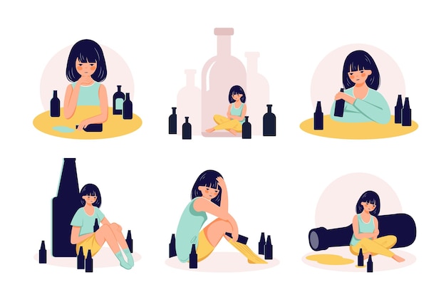 Concepto de adicción al abuso de alcohol Ilustración de mujer borracha dibujada a mano