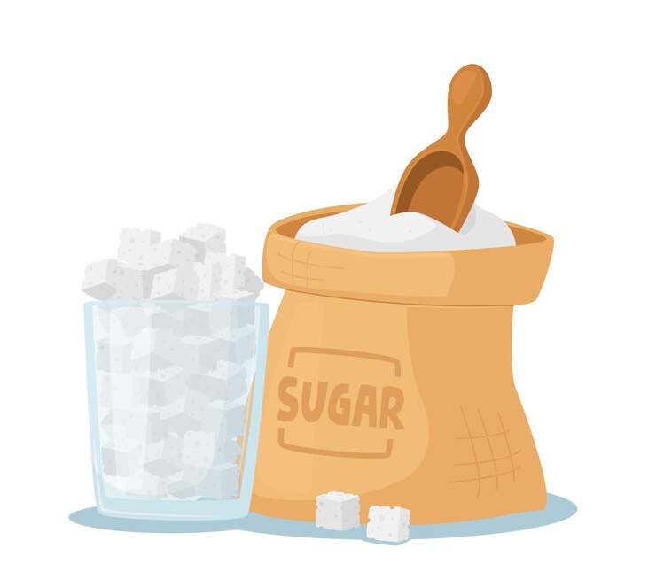 Vector concepto de adicción al azúcar, ingrediente con alto nivel de glucosa y carbohidratos. saco y tarro de cristal lleno de azúcar de caña blanca y pala de madera