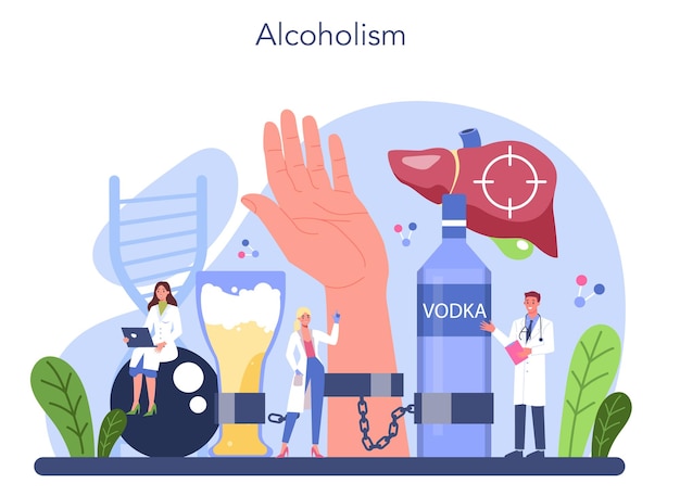Concepto de adicción idea de tratamiento médico para personas adictas condición potencialmente mortal adicto alcohólico ilustración de vector plano aislado