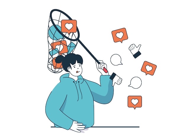 Concepto de adicción a Internet con situación de carácter La mujer sufre de adicción a Internet y recibe muchos "me gusta" en las redes sociales Ilustración vectorial con escena de personas en diseño plano para web