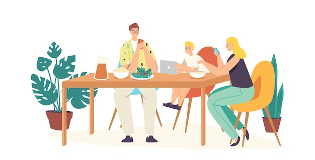 Concepto de adicción a las redes sociales. Personajes familiares Los padres y el niño sentados juntos en casa, la madre y el papá ignoran al hijo que usa teléfonos inteligentes para la comunicación por Internet. Ilustración de Vector de gente de dibujos animados