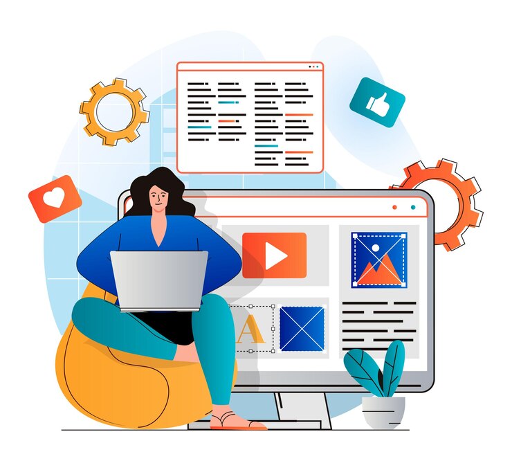 Vector concepto de administrador de contenido en diseño plano moderno mujer escribe textos y coloca elementos del sitio