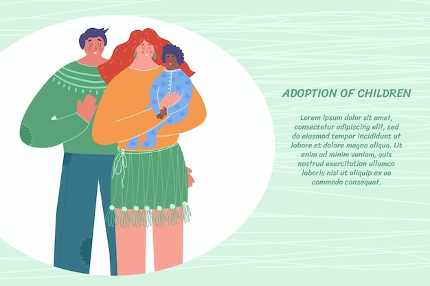 El concepto de adopción de niños. la familia adoptó un niño. con lugar para tu texto.