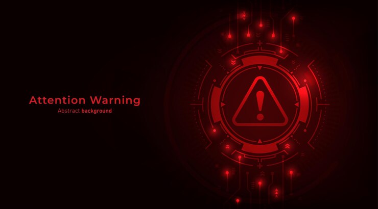 Vector concepto de advertencia de hacker atención símbolo de peligro en la placa de circuitos y fondo rojo oscuro brecha de datos malware ciberataque hacker y protección de seguridad concepto ilustración vectorial