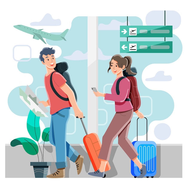 Concepto de aeropuerto. Embarque o salida. Viajando por vacaciones. Plano. Vector e ilustración.