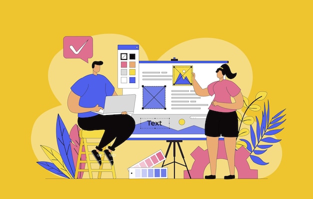 Concepto de agencia de diseñadores con diseño plano moderno para la web Hombre y mujer trabajando en un proyecto creativo haciendo contenido gráfico y elementos de diseño del sitio optimizando la página visual Ilustración vectorial