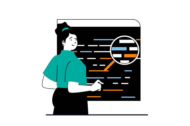 Vector concepto de agencia de diseño con escena de personas en diseño web plano mujer trabajando como desarrolladora codificando y buscando errores para optimización ilustración vectorial para material de marketing de banners en redes sociales