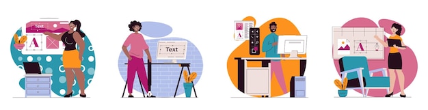 Concepto de agencia de diseño con personas escenas ambientadas en diseño web plano Conjunto de situaciones de personajes con diseñadores creando páginas web y diseños de interfaz dibujando contenidos digitales Ilustraciones vectoriales