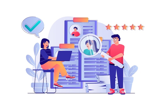 Concepto de agencia de reclutamiento con escena de personas Los cazadores de cabezas de mujeres y hombres miran el currículum en línea para la vacante y eligen candidatos Ilustración vectorial con personajes en diseño plano para web