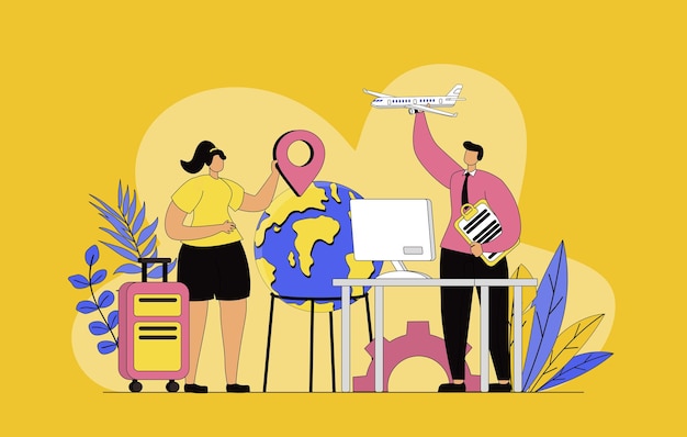 Concepto de agencia de viajes con diseño plano moderno para la web Viajera mujer consultando con el operador turístico eligiendo la dirección del viaje para el viaje de vacaciones y ordenando boletos de avión Ilustración vectorial