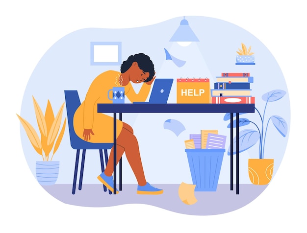 Concepto de agotamiento profesional mujer cansada sentada en su escritorio y trabajando en un proyecto empleado pregunta