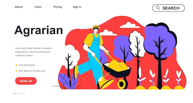 Concepto agrario para la plantilla de la página de destino Agricultor con carretilla trabaja en la granja y la cosecha Escena de personas de jardinería y plantación Ilustración vectorial con diseño de personajes planos para banner web