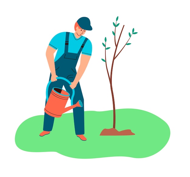 Concepto de agricultura y jardinería Un hombre riega un árbol plantado