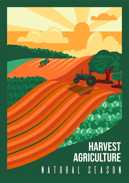 Vector concepto de agricultura y naturaleza campos agrícolas y tractores de paisajes forestales arando el
